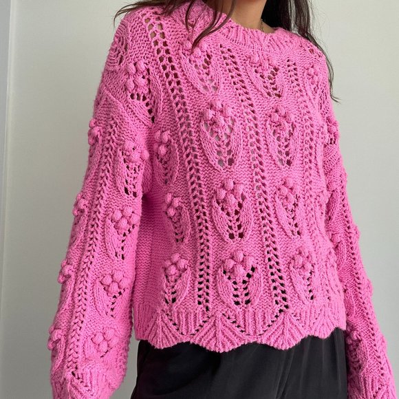 Zara Women pink pom pom knit slouchy sweater - Picture 6 of 10